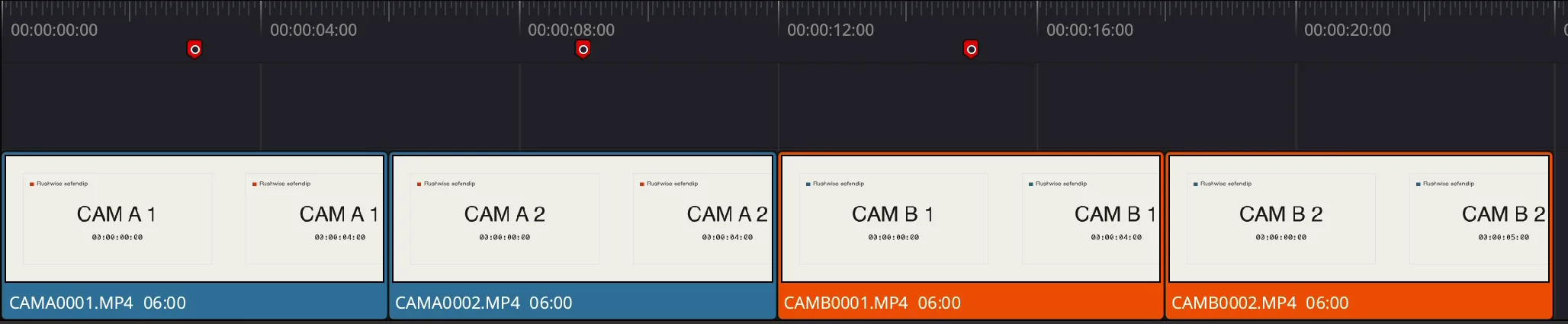 Een tijdlijn in Davinci Resolve met Cam A en Cam B in hun eigen kleur en drie markeringen