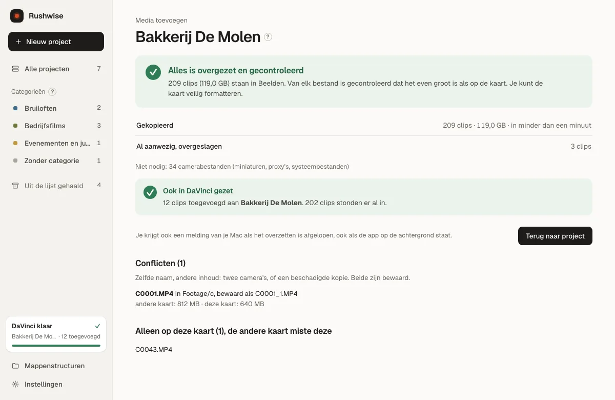 De samenvatting na het overzetten van een kaart: alles is overgezet en gecontroleerd