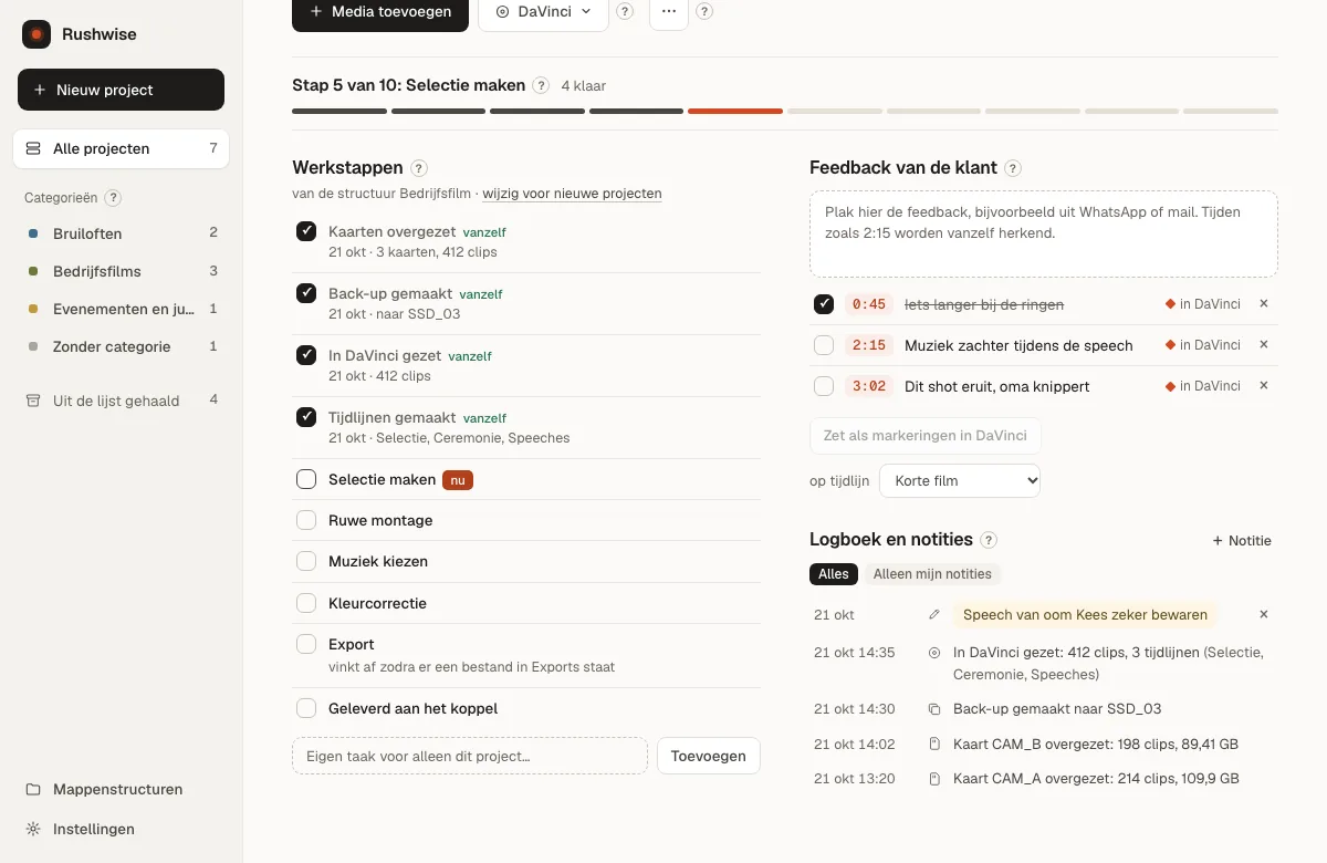 Feedback van een klant in Rushwise, elk punt met zijn tijd en een markering in Davinci