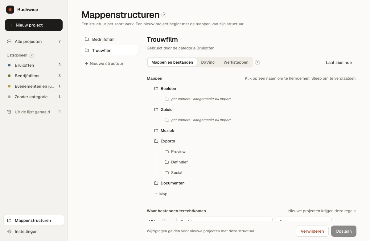 Een mappenstructuur voor trouwfilms in Rushwise